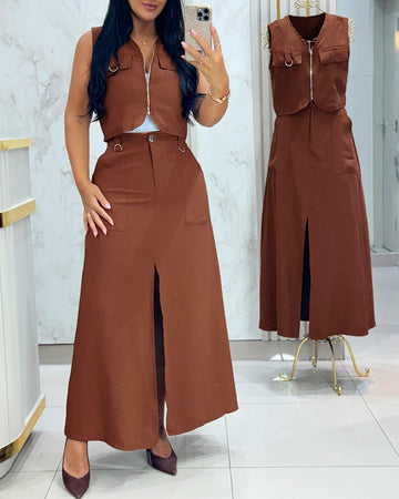 2 Pieces Outfit Sleeveless Zipper Front Metal Decor Crop Vest and High Waist Slit Elastic Back Waist Maxi Dress Set